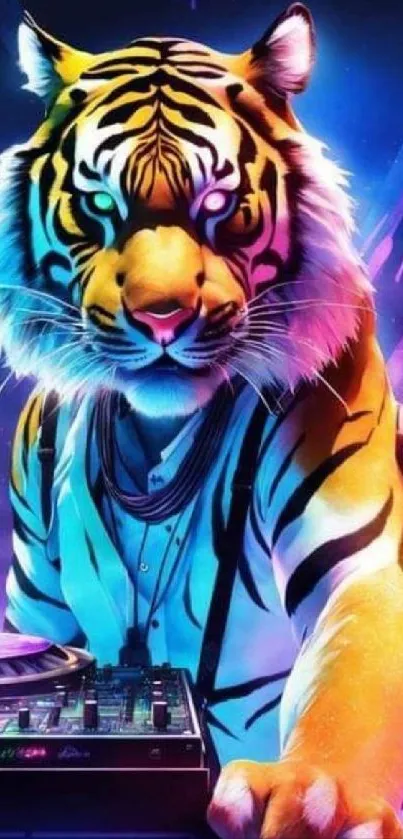 Vibrant tiger DJ with a colorful, neon background, creating an artistic masterpiece.