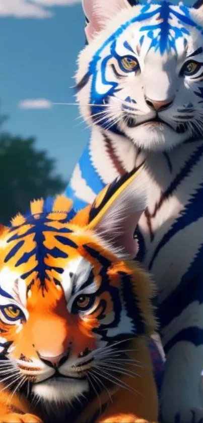 Vivid artwork of blue and orange tigers.