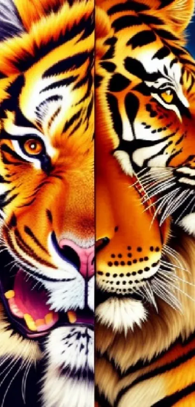 Vibrant tiger artwork with dual perspectives.