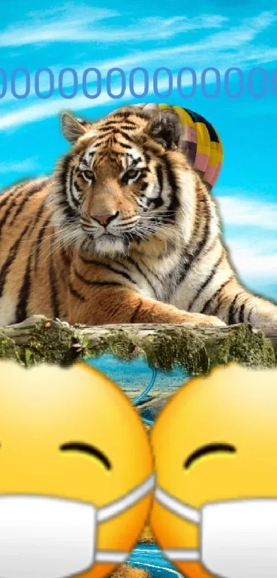 Tiger and emojis with sky and landscape mobile wallpaper.