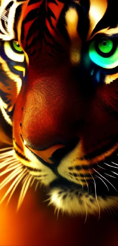 Close-up of a vibrant tiger's face with striking green eyes, artwork wallpaper.