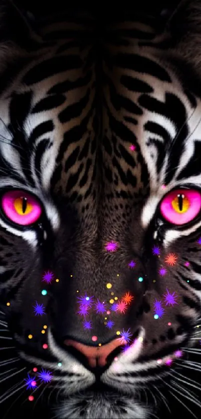 Mobile wallpaper featuring a tiger with vibrant pink eyes and dark details.