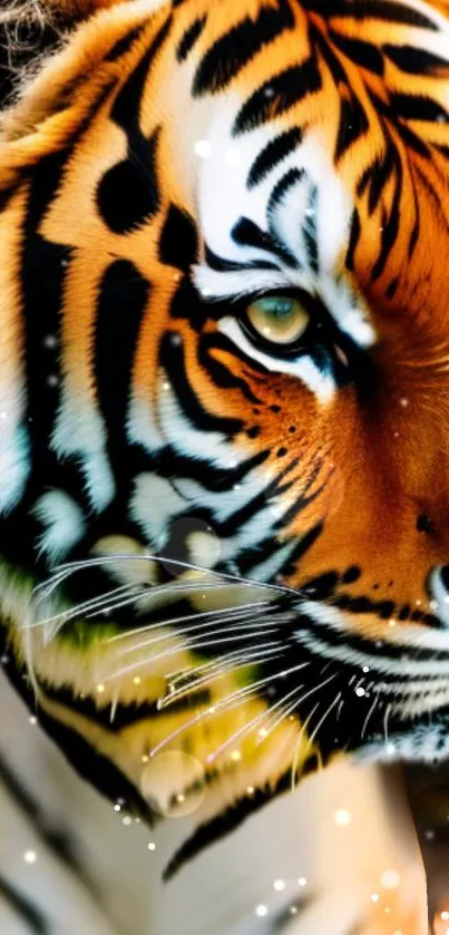 Close-up of a vibrant tiger face in striking colors with intense eyes.