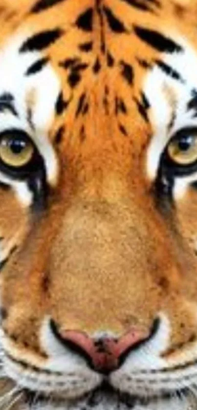 Close-up of tiger's face with striking orange and black stripes.