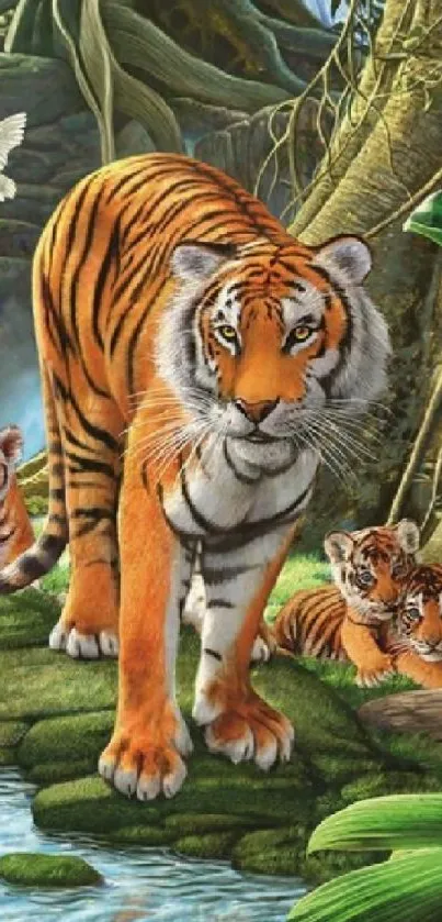 Tiger family roaming lush jungle near water.