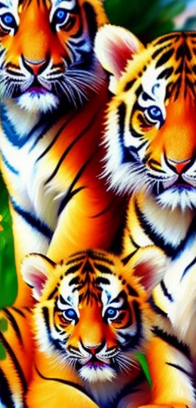 Colorful tiger family in a jungle setting, perfect for nature enthusiasts.