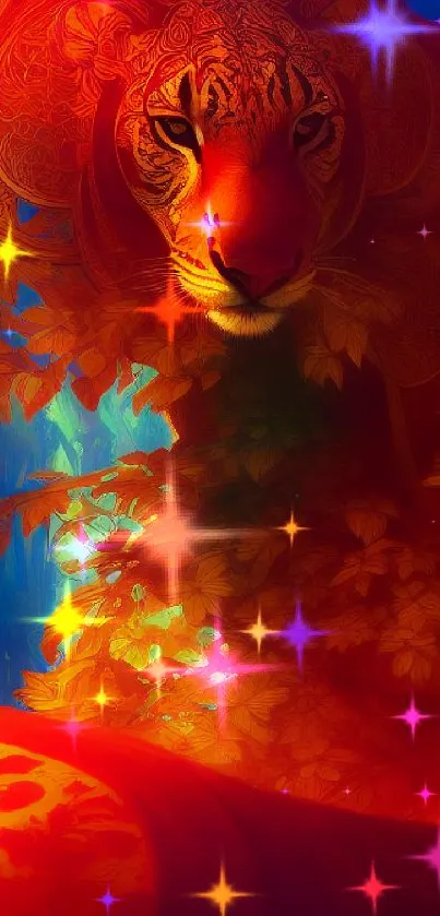 Fantasy art wallpaper with a tiger in vibrant hues.