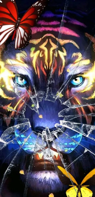 Vibrant fantasy tiger with butterflies on a dark blue background.