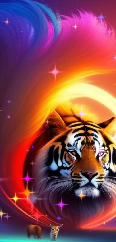 A vibrant fantasy art wallpaper featuring a tiger in vivid colors.