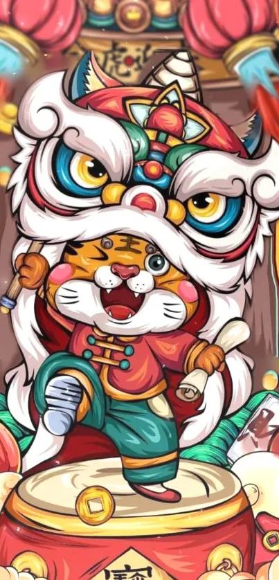 Vibrant tiger in traditional festival attire background.