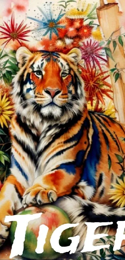 Colorful tiger with floral background artwork.