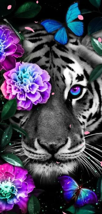 Black-and-white tiger with vibrant flowers and butterflies.