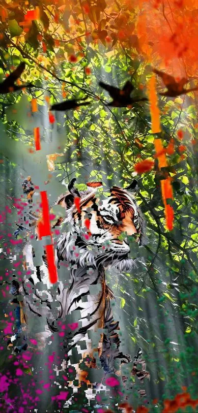 Artistic tiger in a vibrant digital forest mosaic.