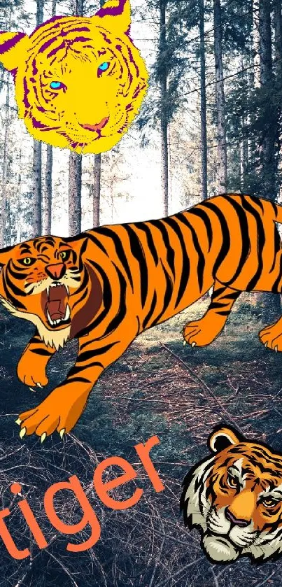 Artistic tiger wallpaper with forest background.