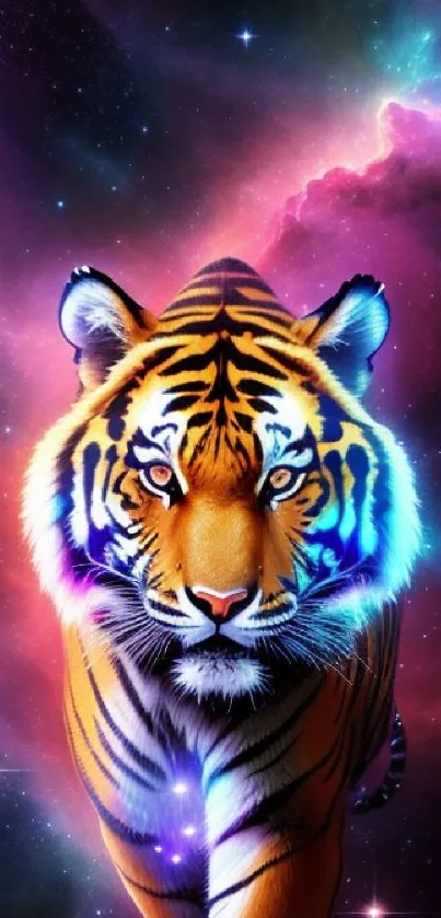 Vibrant tiger in a colorful galaxy.