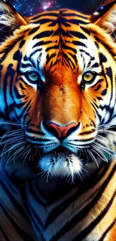 Vibrant orange tiger with a galaxy background wallpaper.