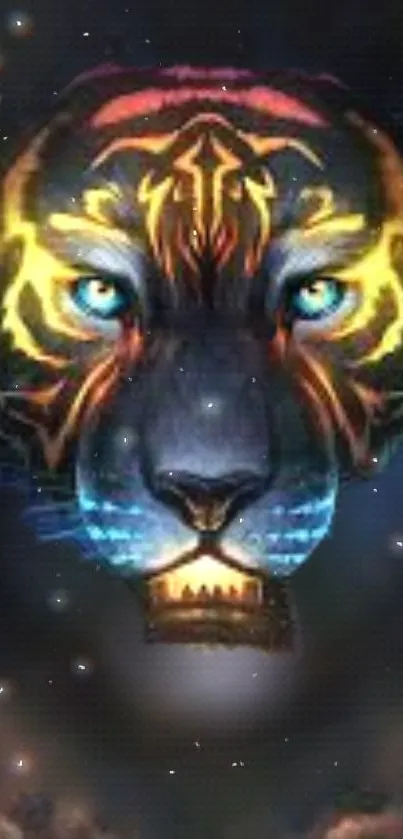 Glowing tiger face with vibrant colors in a cosmic backdrop.