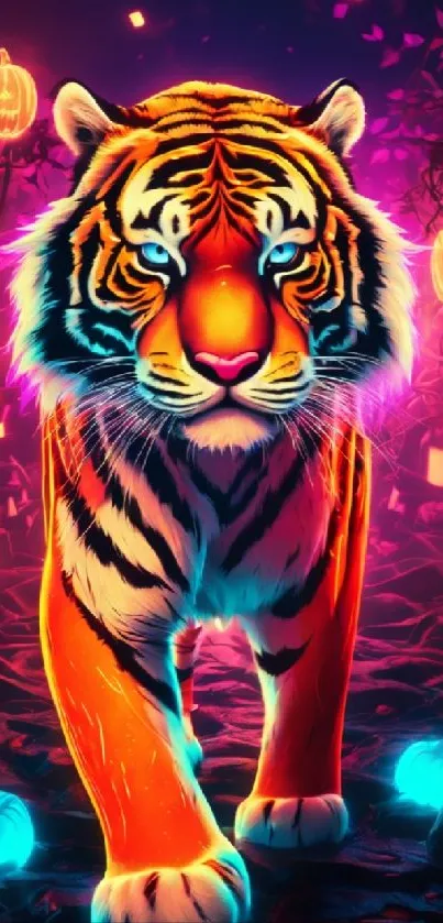 A vibrant tiger surrounded by glowing pumpkins in a mystical Halloween setting.