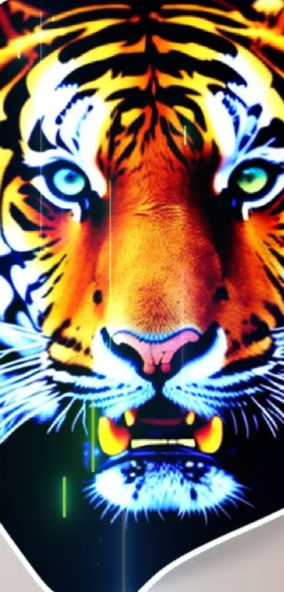 Close-up of a vibrant tiger's face with glowing orange and blue colors.