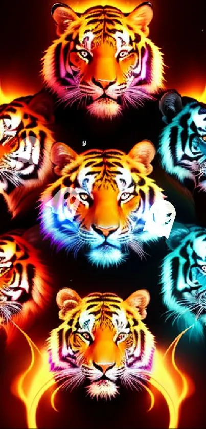 Vibrant tiger heads surrounded by fiery flames.