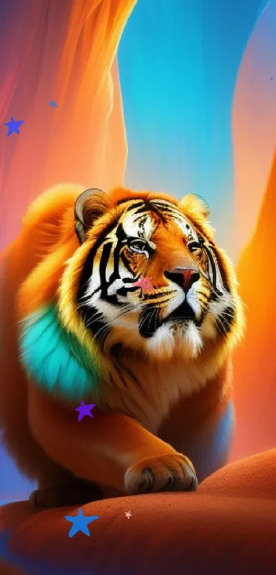 Majestic tiger with vibrant colors in a canyon setting.