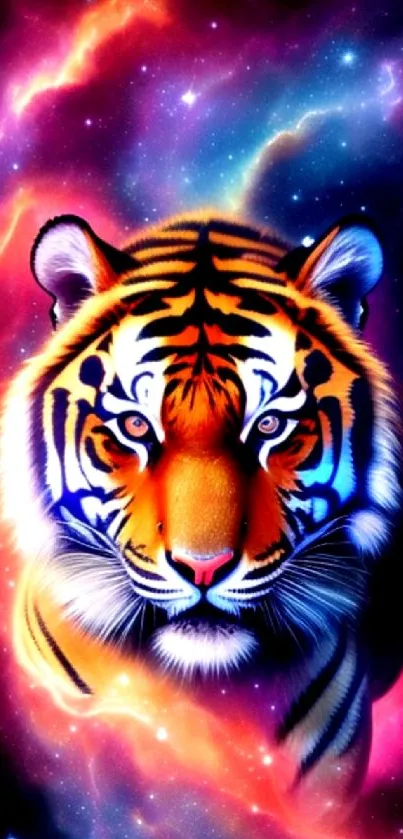 Vibrant tiger surrounded by a colorful cosmic galaxy in a stunning mobile wallpaper.