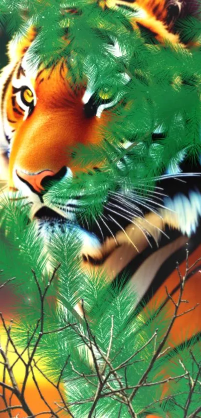 Tiger in jungle with green foliage, vibrant mobile wallpaper.