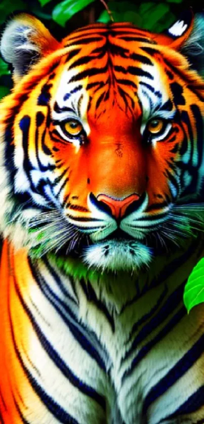 Vibrant tiger in a lush jungle setting.