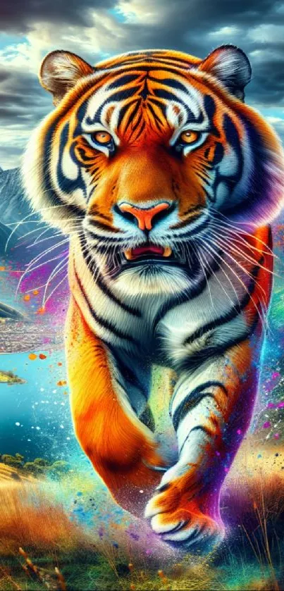 Vibrant tiger in colorful mountain landscape digital art wallpaper.