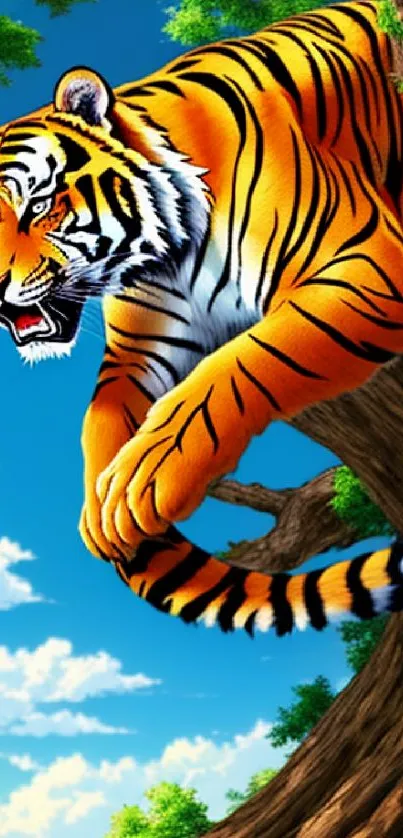 Vibrant tiger climbing a tree in a lush forest.