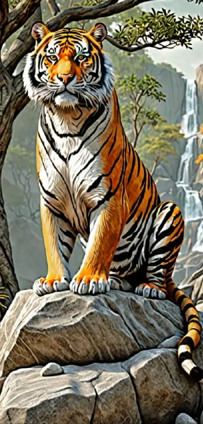 Vibrant tiger on rock with waterfall in background, perfect mobile wallpaper.