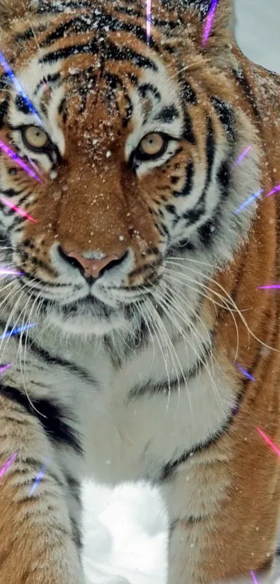 Tiger in snow with vibrant electric sparks, showcasing a wild and energetic scene.