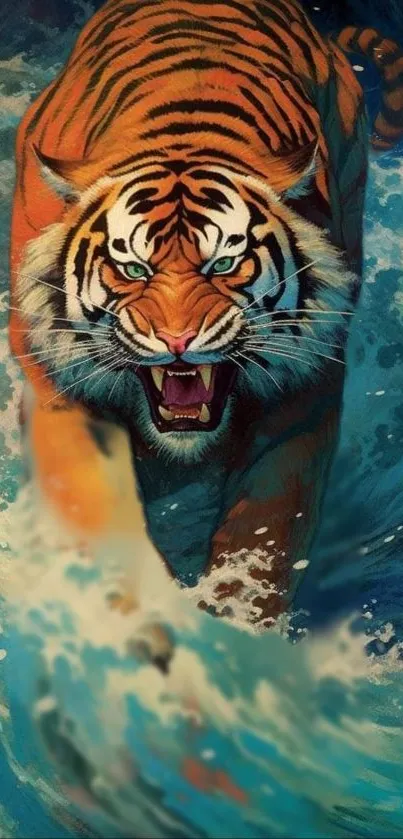 Illustrated tiger charging through ocean waves, vibrant art wallpaper.