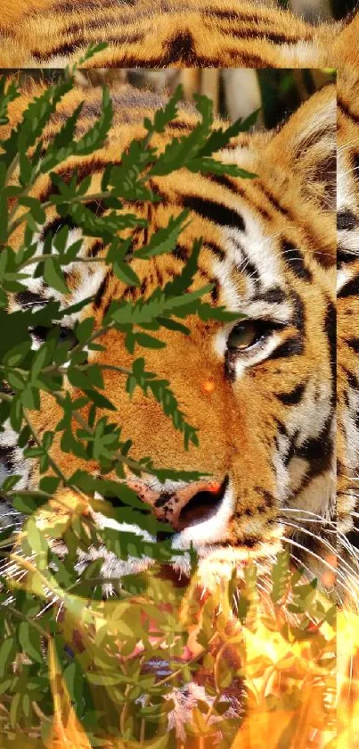 Tiger partially hidden behind green leaves in a vibrant jungle setting.