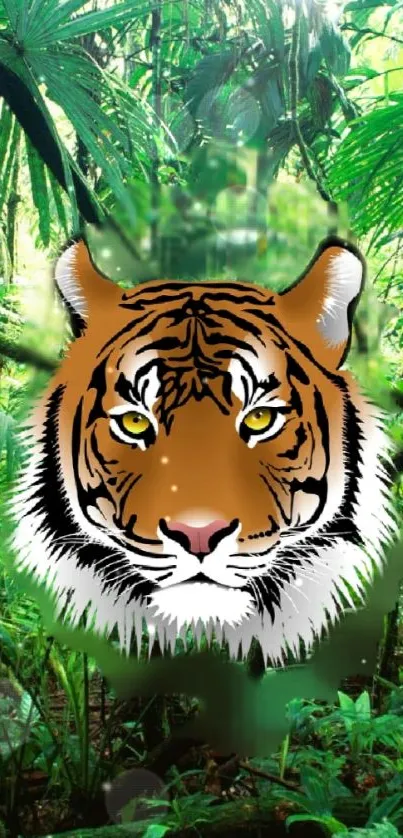 Vibrant tiger in lush green jungle setting mobile wallpaper.