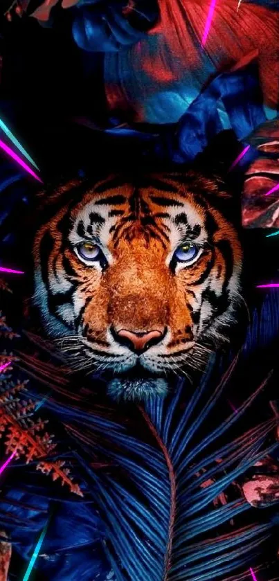Vibrant tiger surrounded by colorful jungle leaves.
