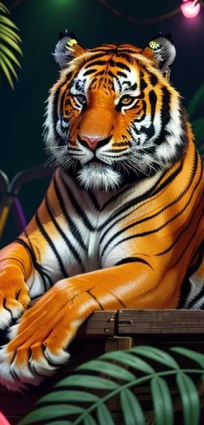 Vibrant tiger in lush jungle setting with vivid colors.