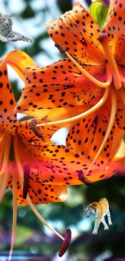 Vibrant orange tiger lily with small tigers on petals.