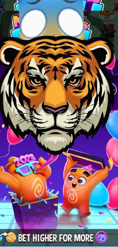Vibrant mobile wallpaper with tiger and balloons.