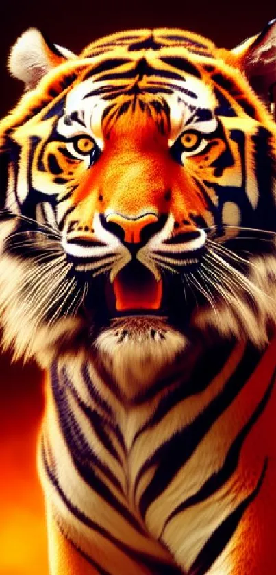 Close-up of a fierce orange tiger with bold stripes on a phone wallpaper.