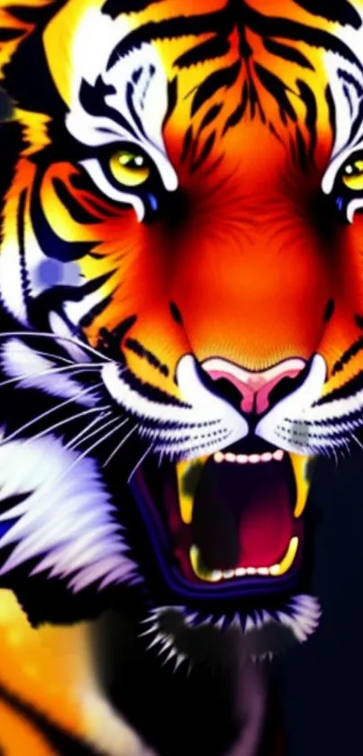 Fierce and vibrant tiger face in orange tones on mobile wallpaper.