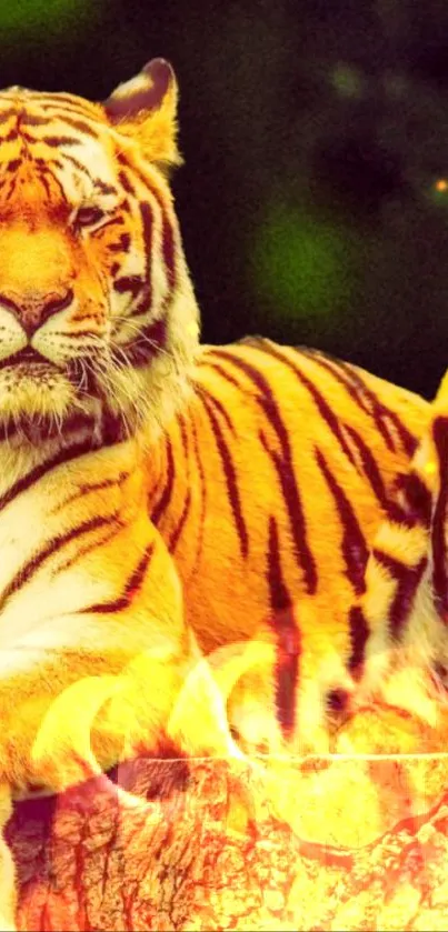 Majestic tiger lounging in vibrant orange setting.