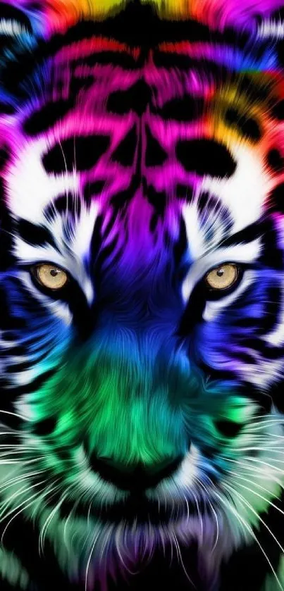 Vibrant multicolor tiger phone wallpaper with psychedelic design.