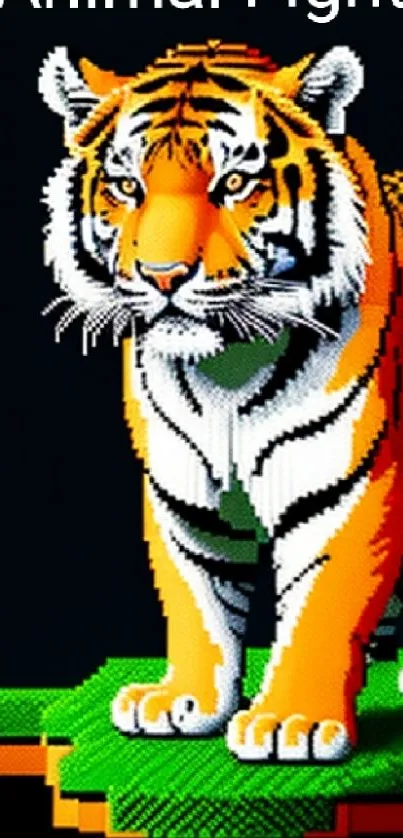 Pixel art tiger on a grassy platform with orange and black stripes.