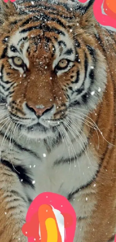 Majestic tiger in snowy scene with vibrant colors on mobile wallpaper.