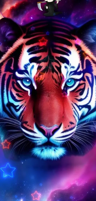 Vibrant tiger face with cosmic galaxy background.