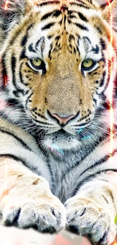 Majestic tiger illuminated with neon sparks in a vibrant wallpaper.