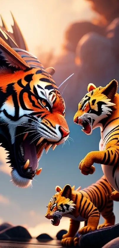 Vibrant stylized tigers in an epic fantasy battle scene.