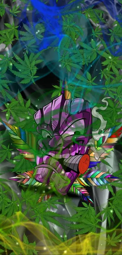 Colorful Tiki mask wallpaper with leafy design and vibrant colors.