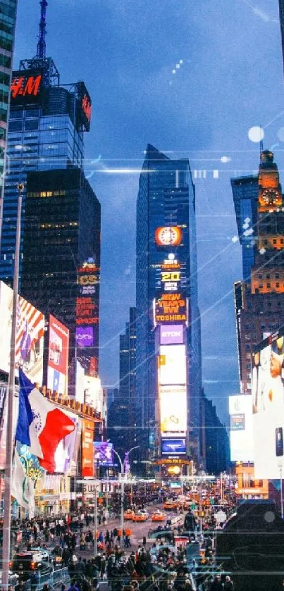 Times Square bustling with neon lights and crowds at night.